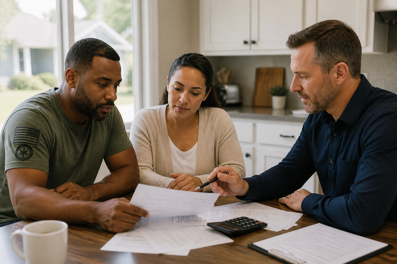 Photorealistic natural candid photography of a veteran couple of different races sitting at a bright kitchen table reviewing home financing documents with a mortgage loan officer, a modest suburban home visible through the window, papers and a calculator on the table, warm morning light, realistic expressions, VA loans eligibility and payment review context, no text overlays, no logos, no watermarks.