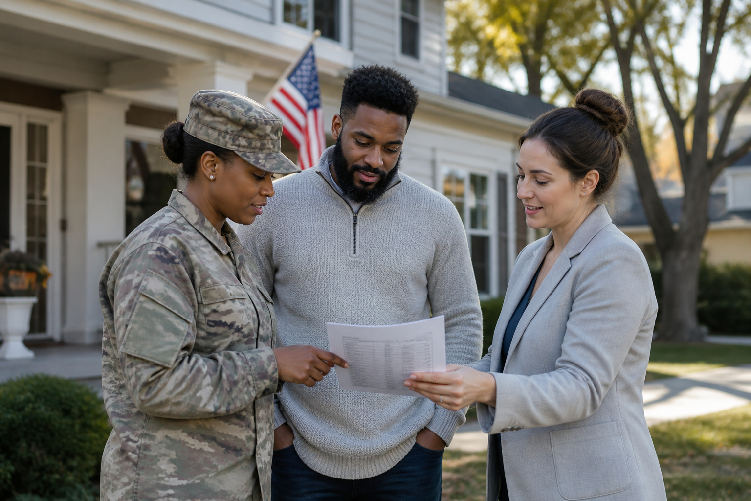 Photorealistic candid outdoor photography of a Black woman veteran and her spouse standing in the front yard of a house with a real estate agent, looking at a printed estimated monthly payment worksheet while touring the property, natural afternoon light, residential street setting, authentic body language, no text overlays, no logos, no watermarks.