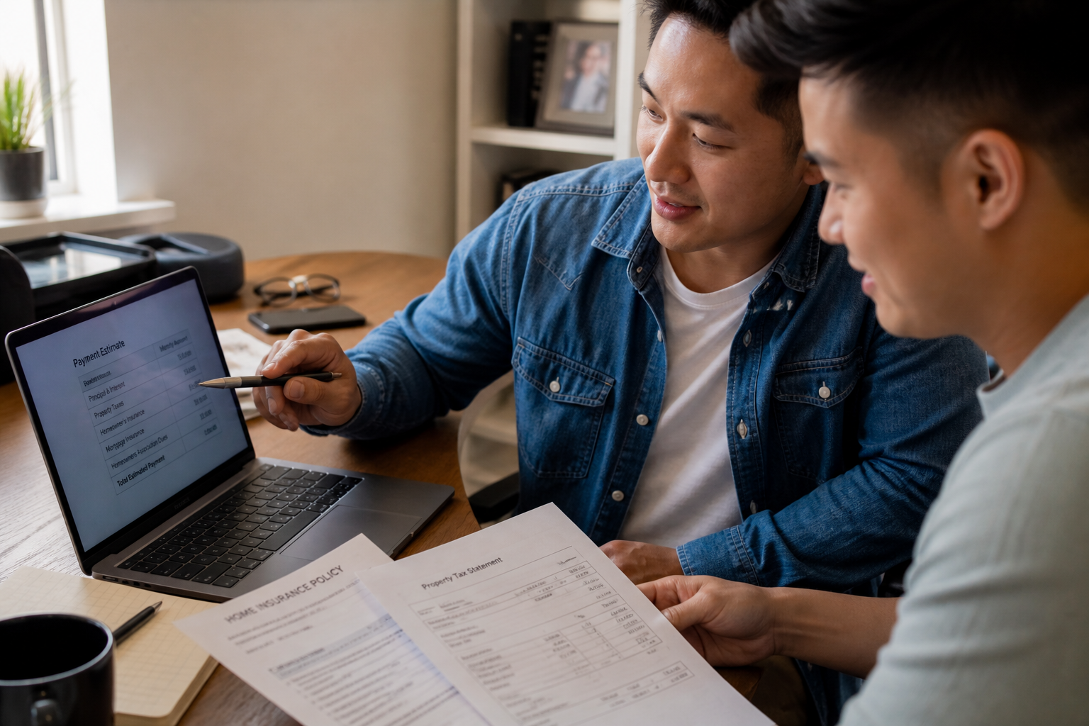 Photorealistic natural candid photography of an Asian American same-sex couple in a quiet home office reviewing a mortgage payment estimate on a laptop with printed insurance and tax documents nearby, warm window light, close over-the-shoulder framing, realistic home setting, no text overlays, no logos, no watermarks.