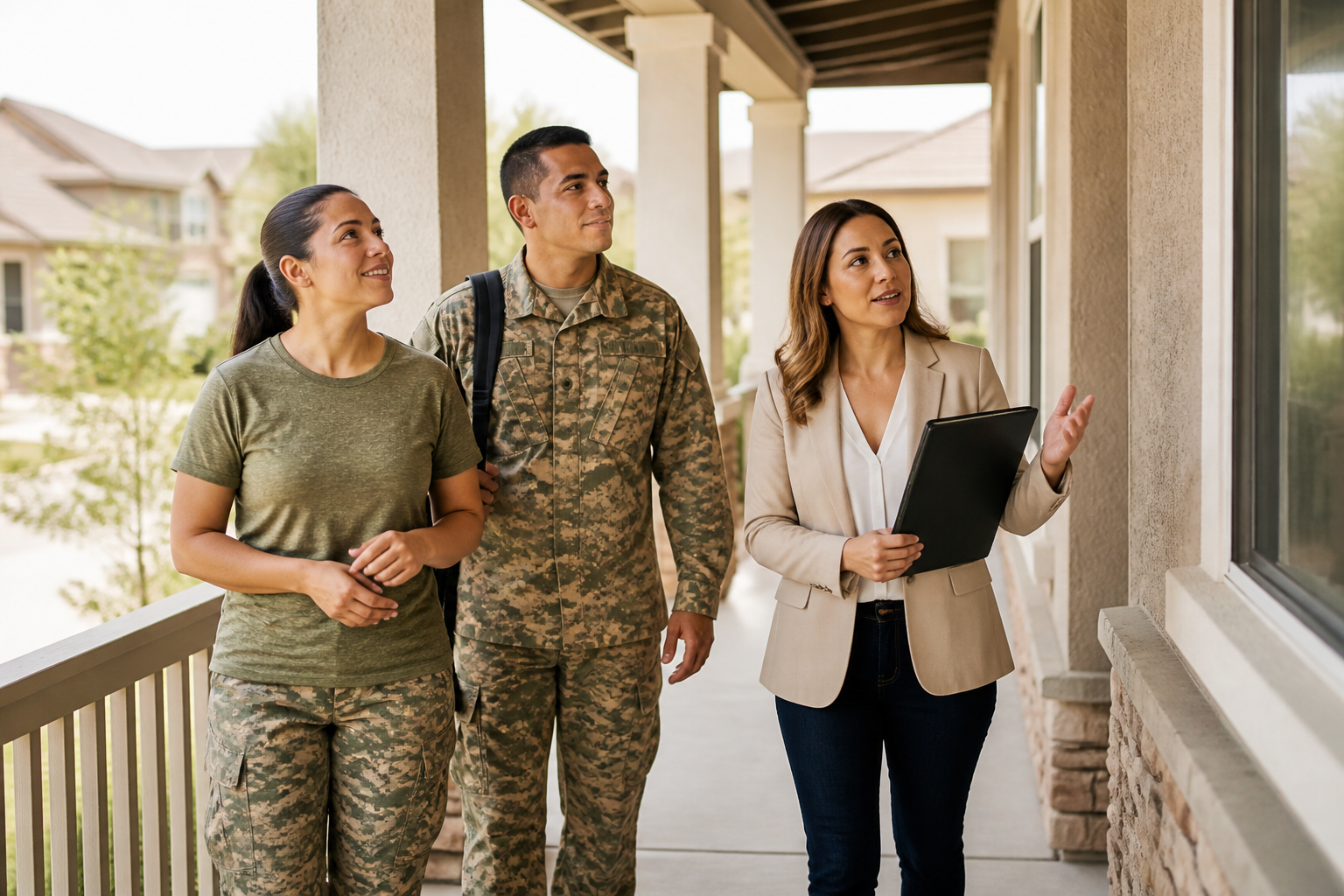 Photorealistic candid photography of a Hispanic veteran couple walking with a real estate agent along the porch of a well-maintained home during a property tour, inspecting exterior condition while discussing the purchase, warm natural daylight, wide framing, authentic residential setting, no text overlays, no logos, no watermarks.