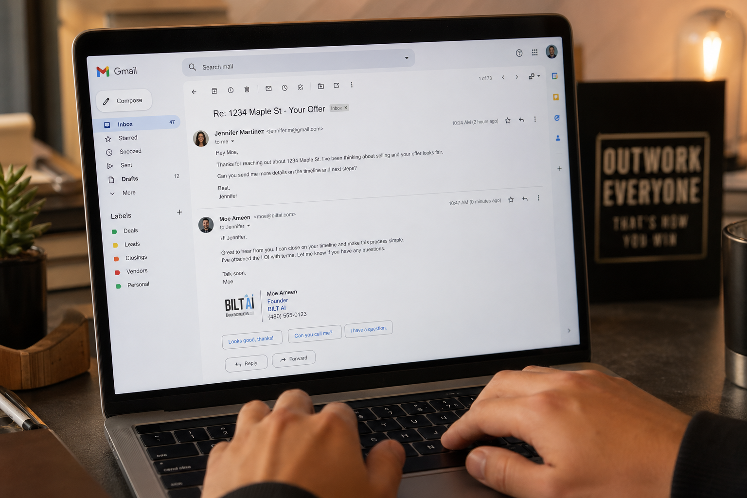 close-up of laptop screen showing email inbox with real estate conversation thread, hands typing response, warm desk lighting, photorealistic