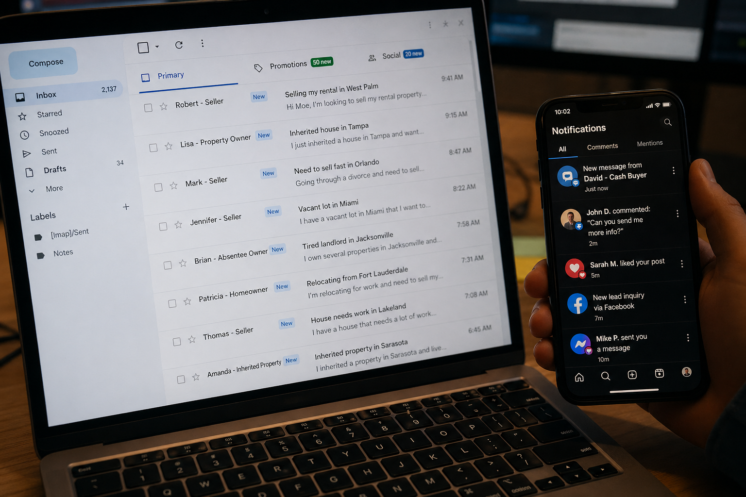 photorealistic close-up of a laptop screen showing an email inbox with unread seller messages next to a phone displaying social media notifications, dim office lighting, candid moment