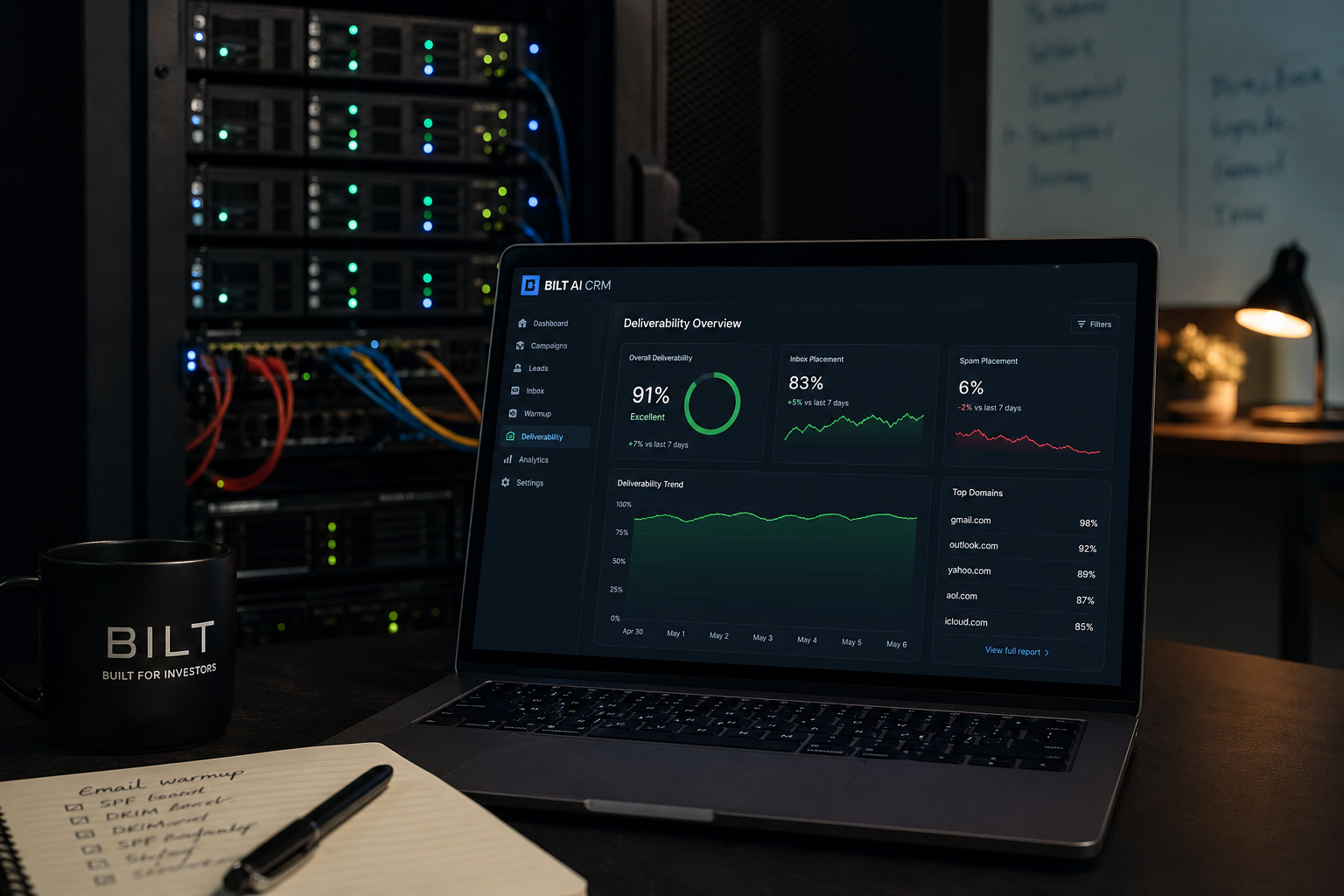 server rack with glowing network lights and a laptop showing email deliverability dashboard, dim office lighting, photorealistic