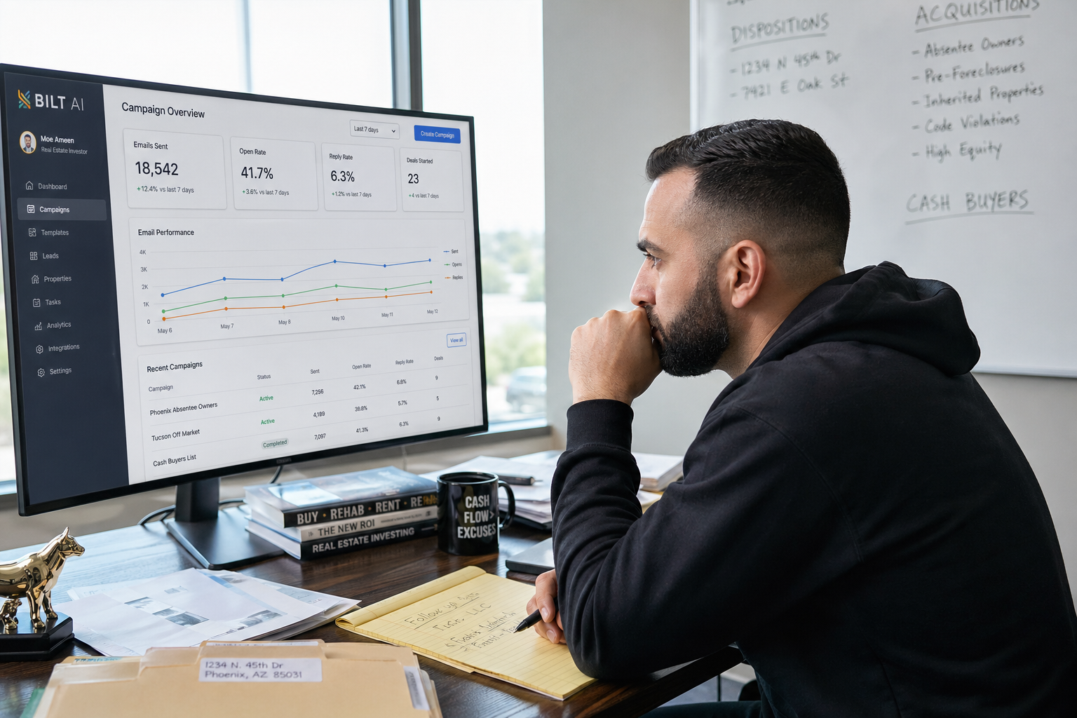 photorealistic scene of a real estate investor reviewing an email automation dashboard on a large monitor, notes and property files on desk, natural window light, focused expression