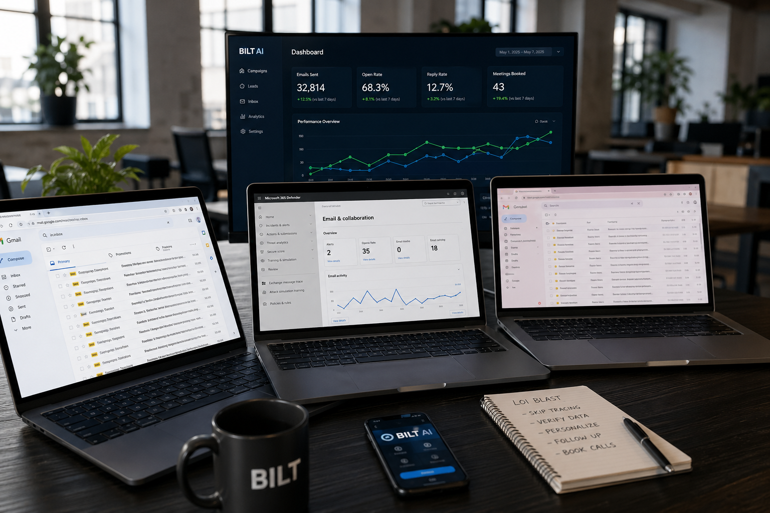 multiple laptops on a desk each showing different email inbox dashboards, coordinated setup, modern office, photorealistic