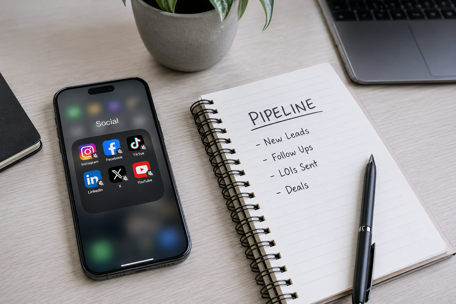 photorealistic image of a smartphone with social media apps muted or notifications off next to a notebook labeled pipeline, clean desk, soft daylight
