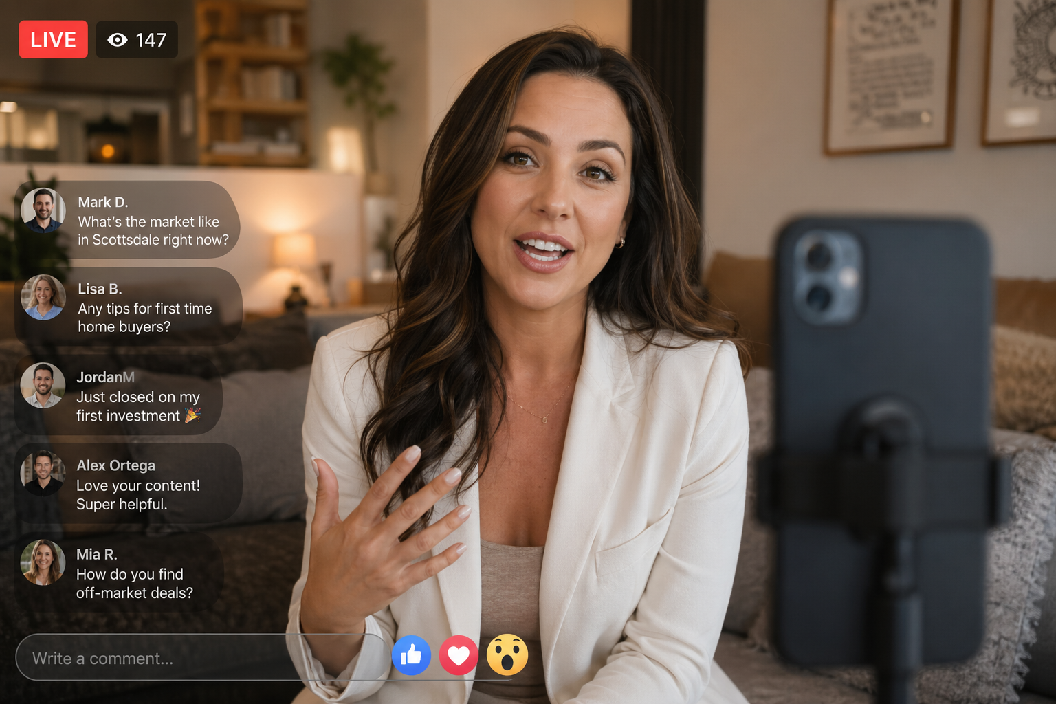 real estate agent speaking confidently into a smartphone camera during a live stream, comments and reactions visible on screen, cozy home interior background