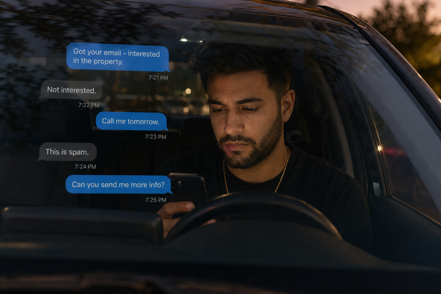 a person sitting in a parked car looking at a phone with mixed text message reactions, subtle emotional contrast, evening light, realistic reflections on glass