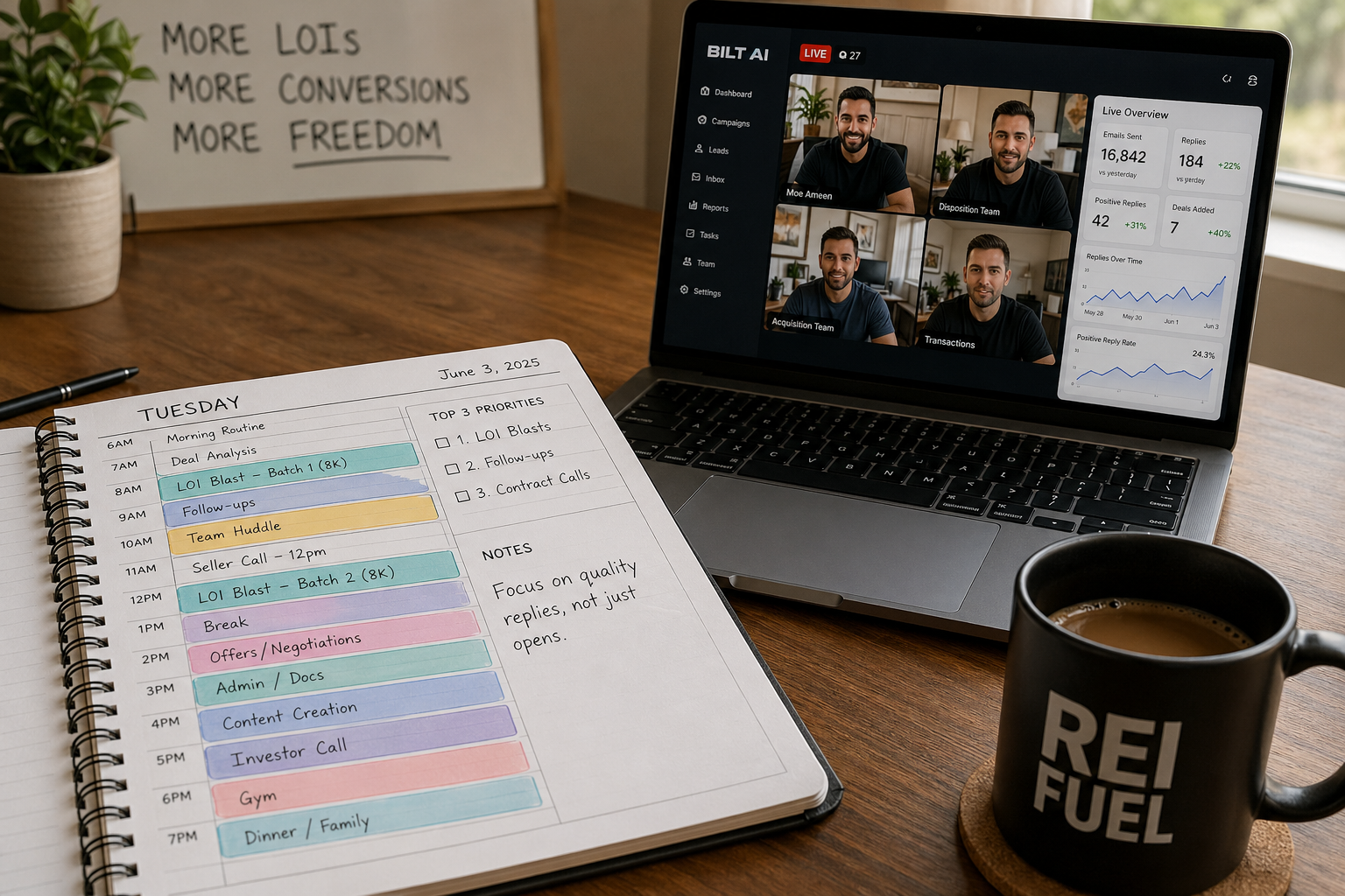 calendar on a desk with multiple daily time blocks marked, laptop beside it showing a live video dashboard, coffee cup nearby, natural lighting