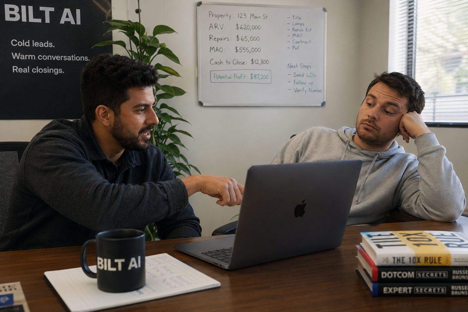 two colleagues in a small office reviewing a property deal on a laptop, one leaning in engaged and pointing at the screen, the other leaning back disinterested, natural indoor lighting