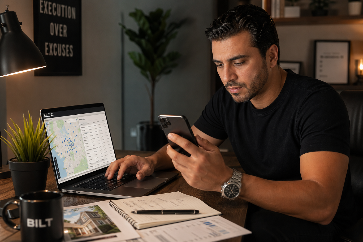 real estate investor working at a desk with property comps on a laptop and a phone in hand, focused expression, warm desk lighting, photorealistic