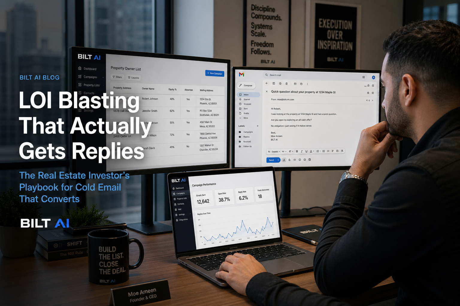 real estate professional reviewing property owner data on a laptop, email interface open with outreach messages, dual monitor setup in a modern office