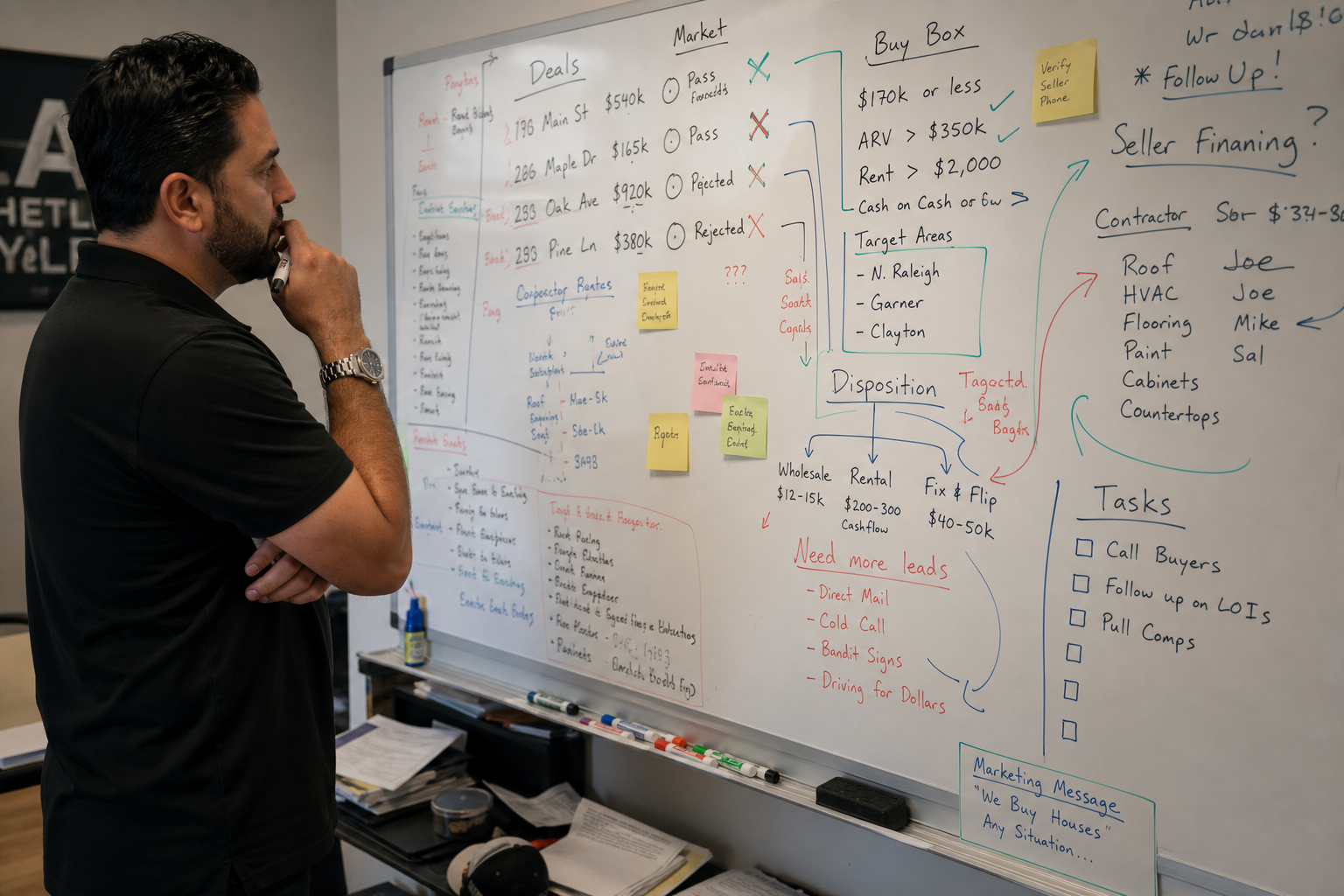 photorealistic scene of a real estate investor reviewing a cluttered whiteboard with deal notes, crossed-out properties, and scattered sticky notes, indoor office lighting