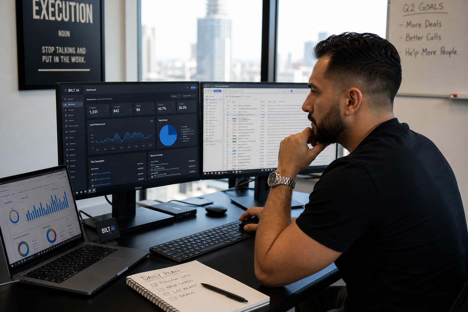 photorealistic image of a focused real estate operator working on multiple monitors showing CRM dashboards and email analytics, modern office setup