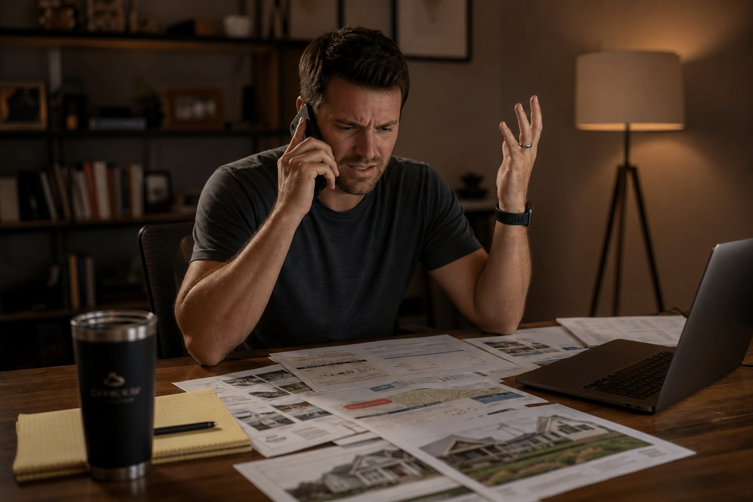 photorealistic scene of a real estate investor on a phone call looking frustrated, papers with property comps spread across a wooden desk, warm indoor lighting