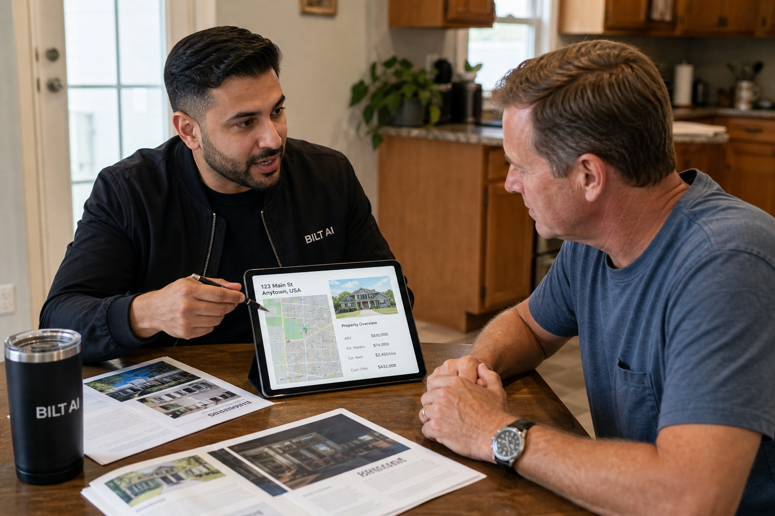 photorealistic scene of a real estate investor explaining a property report to a homeowner at a kitchen table, natural daylight, documents and tablet visible
