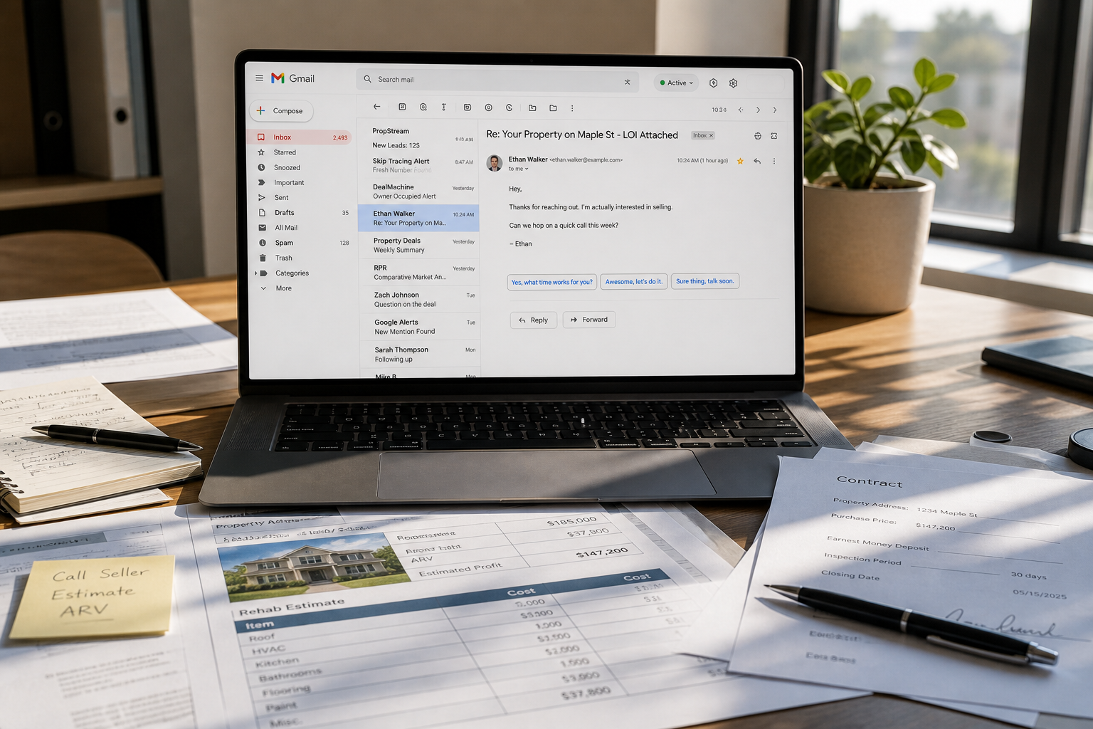 photorealistic scene of a laptop showing an email inbox with a highlighted message, paperwork scattered on a desk, sunlight casting shadows, realistic office environment