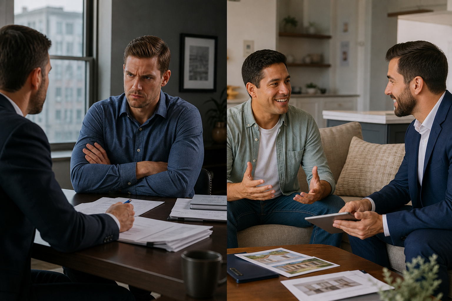 two contrasting scenes split visually, one showing a tense real estate negotiation with crossed arms and paperwork, the other showing a relaxed conversation with open body language in a home setting, photorealistic