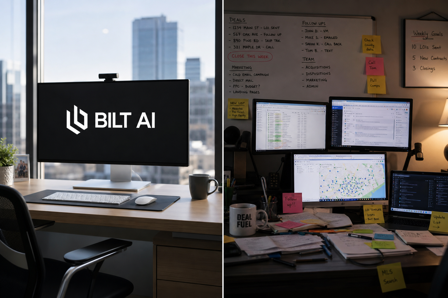 photorealistic split scene showing one side a corporate office desk neat and organized, the other side a cluttered real estate investor desk with multiple screens and sticky notes, contrasting moods, natural lighting