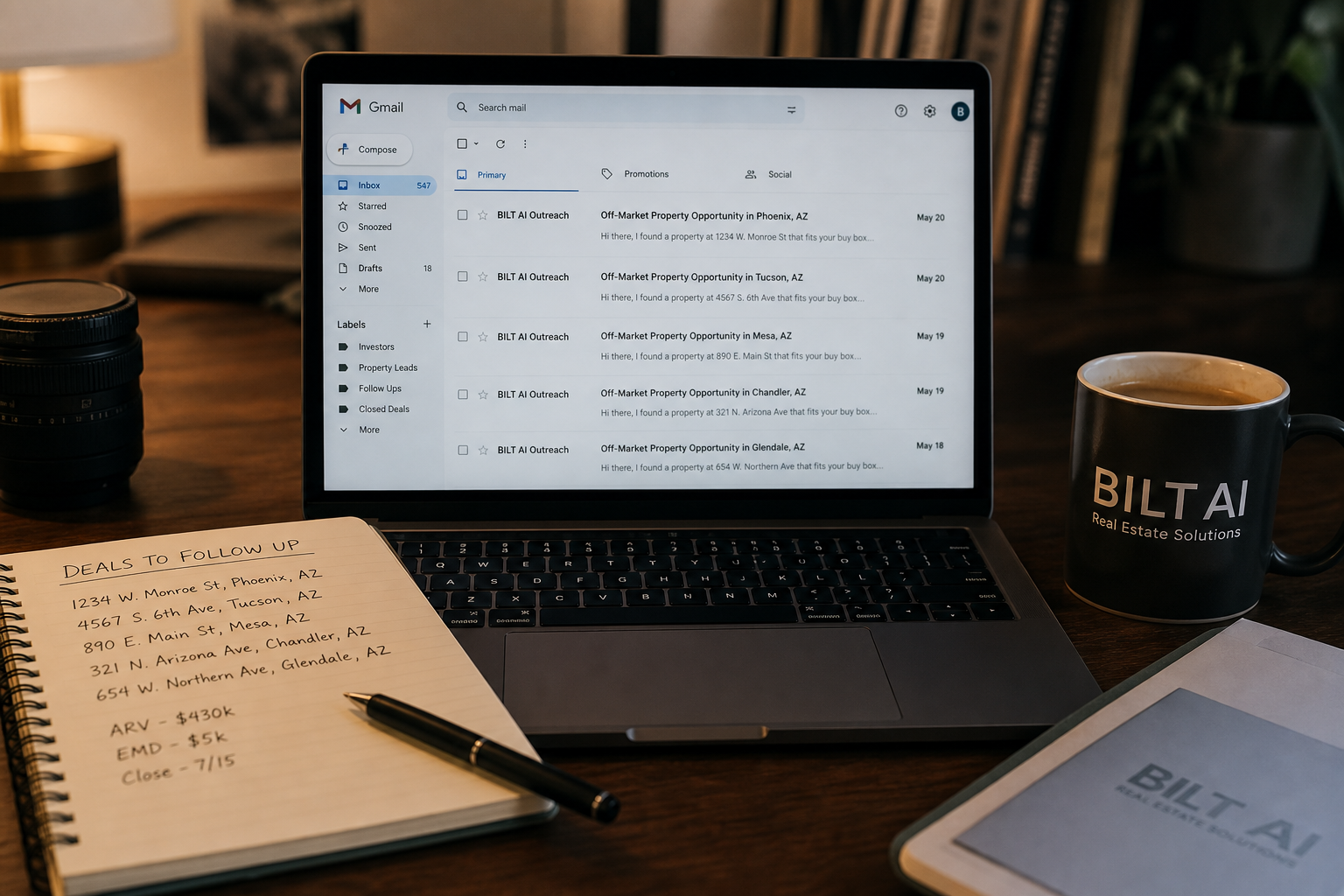 photorealistic scene of a laptop showing an email inbox with real estate outreach messages, a notebook with property addresses beside it, coffee cup, warm desk lighting, 50mm lens