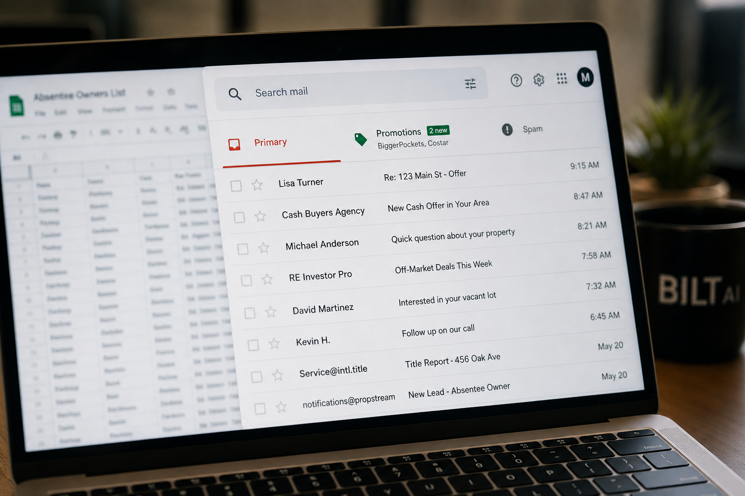 close-up of a laptop screen showing email inbox tabs (primary, promotions, spam) with a real estate spreadsheet blurred in background, soft indoor lighting