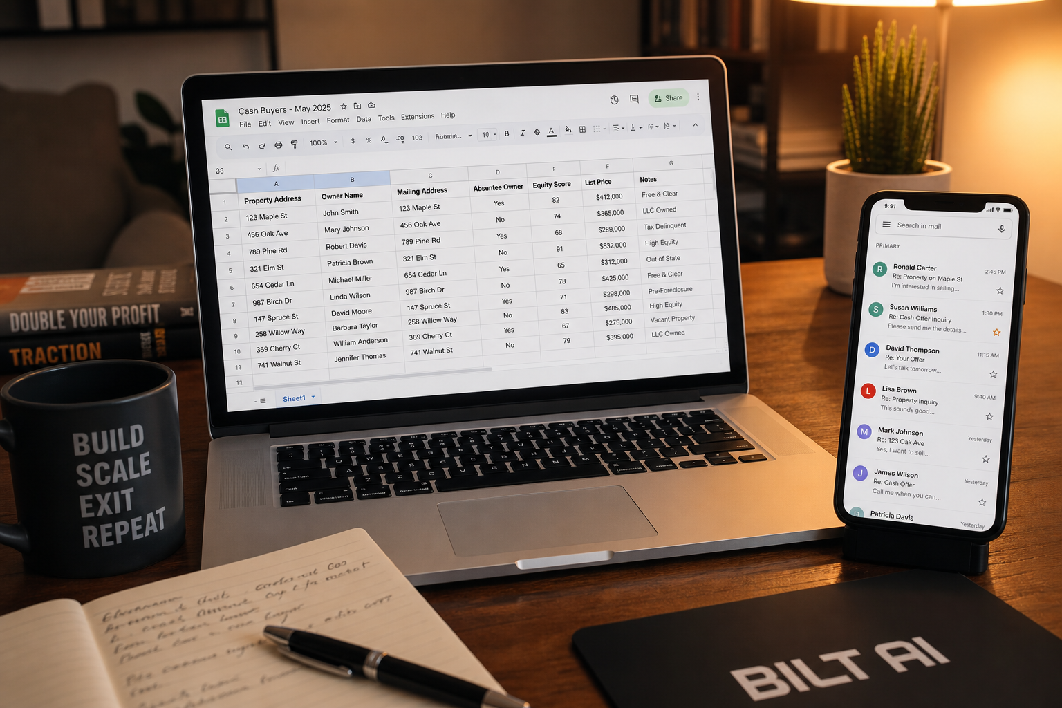 photorealistic scene of a laptop displaying a spreadsheet of property owners next to an email inbox with replies coming in, warm desk lighting, casual workspace, realistic setting