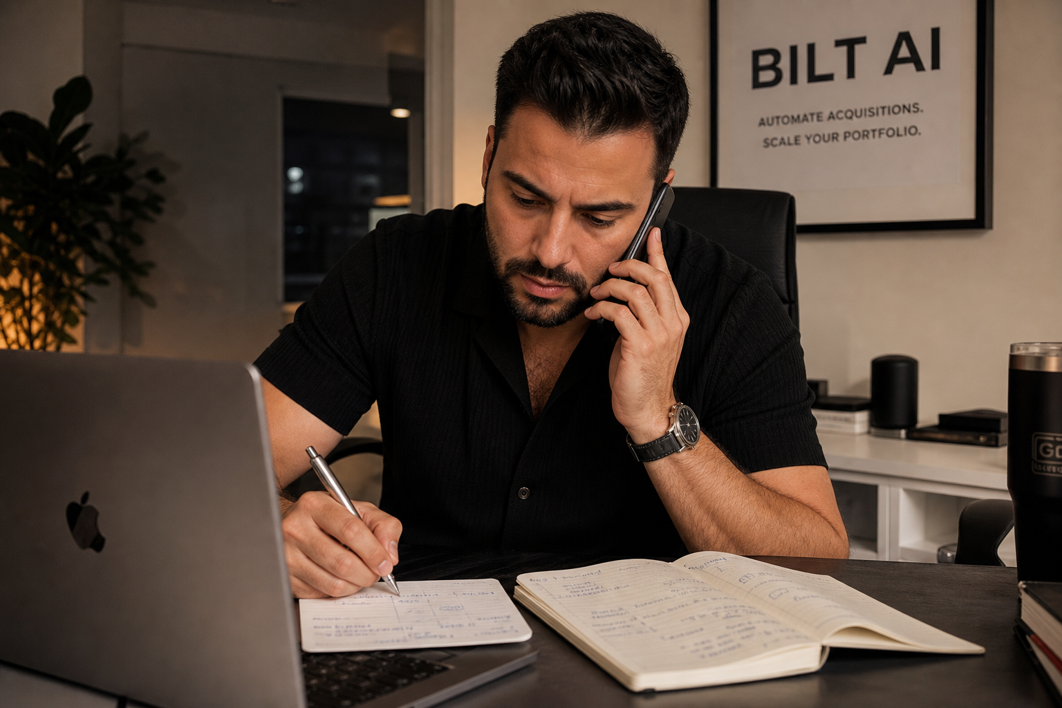 photorealistic scene of a real estate investor on a phone call at a desk, notebook open with handwritten notes, focused expression, warm indoor lighting