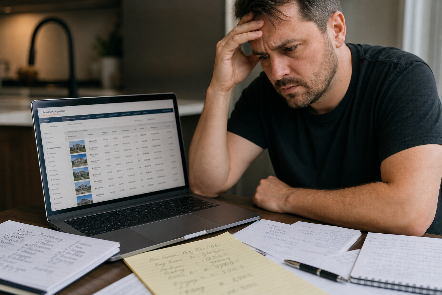 photorealistic close-up of a stressed real estate investor reviewing property comps on a laptop, notes scattered on desk, hand on forehead, soft indoor lighting