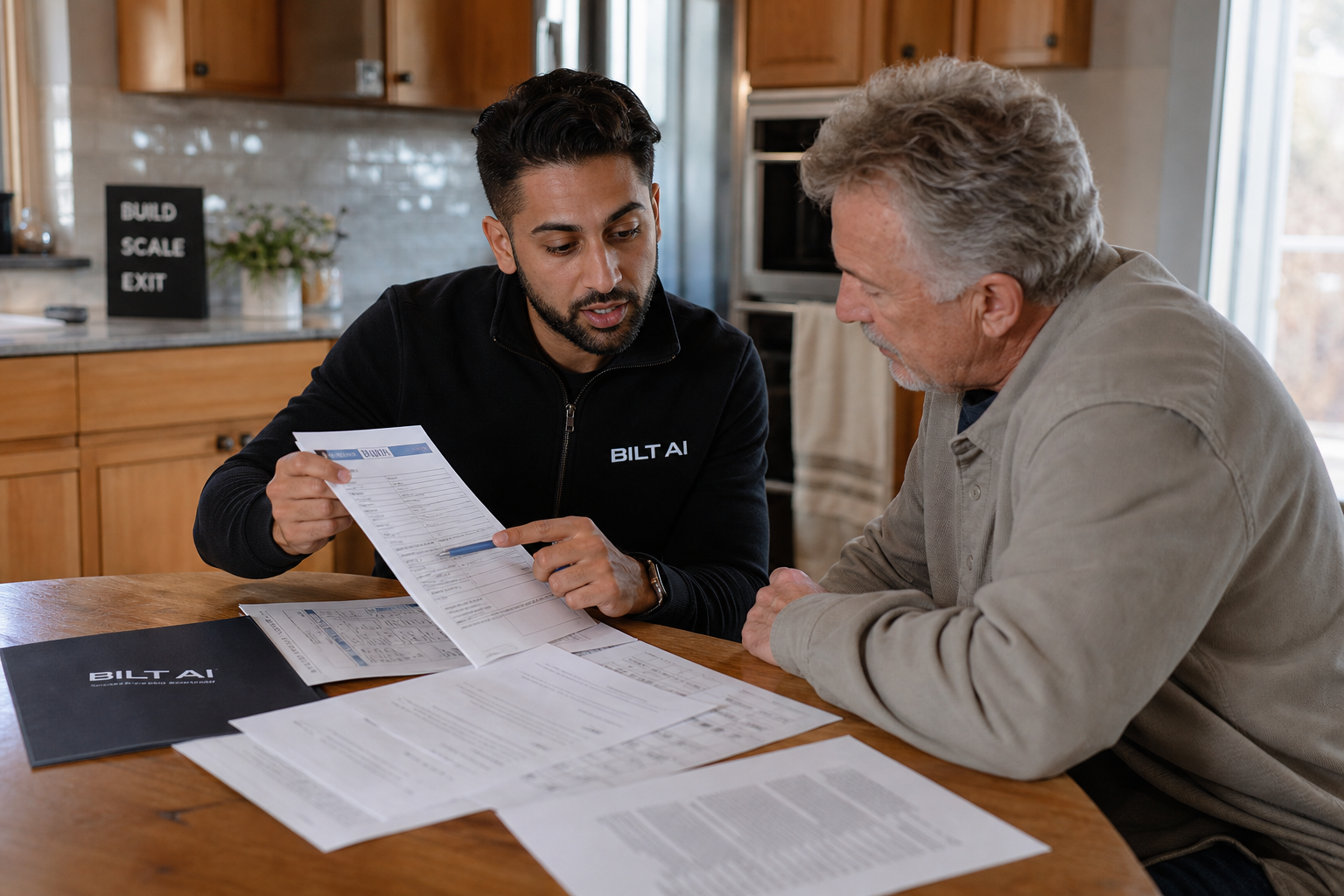 real estate investor calmly explaining paperwork to a homeowner at a kitchen table, warm lighting, documents spread out, natural expressions, photorealistic