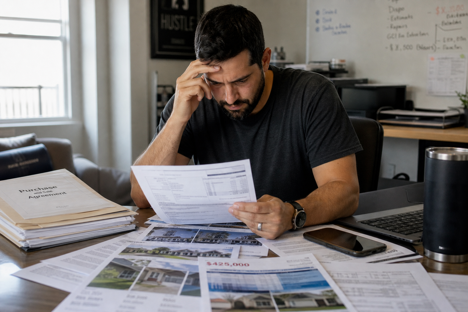 photorealistic scene of a real estate investor reviewing printed property comps and contracts on a cluttered desk, tense posture, natural window light, shallow depth of field