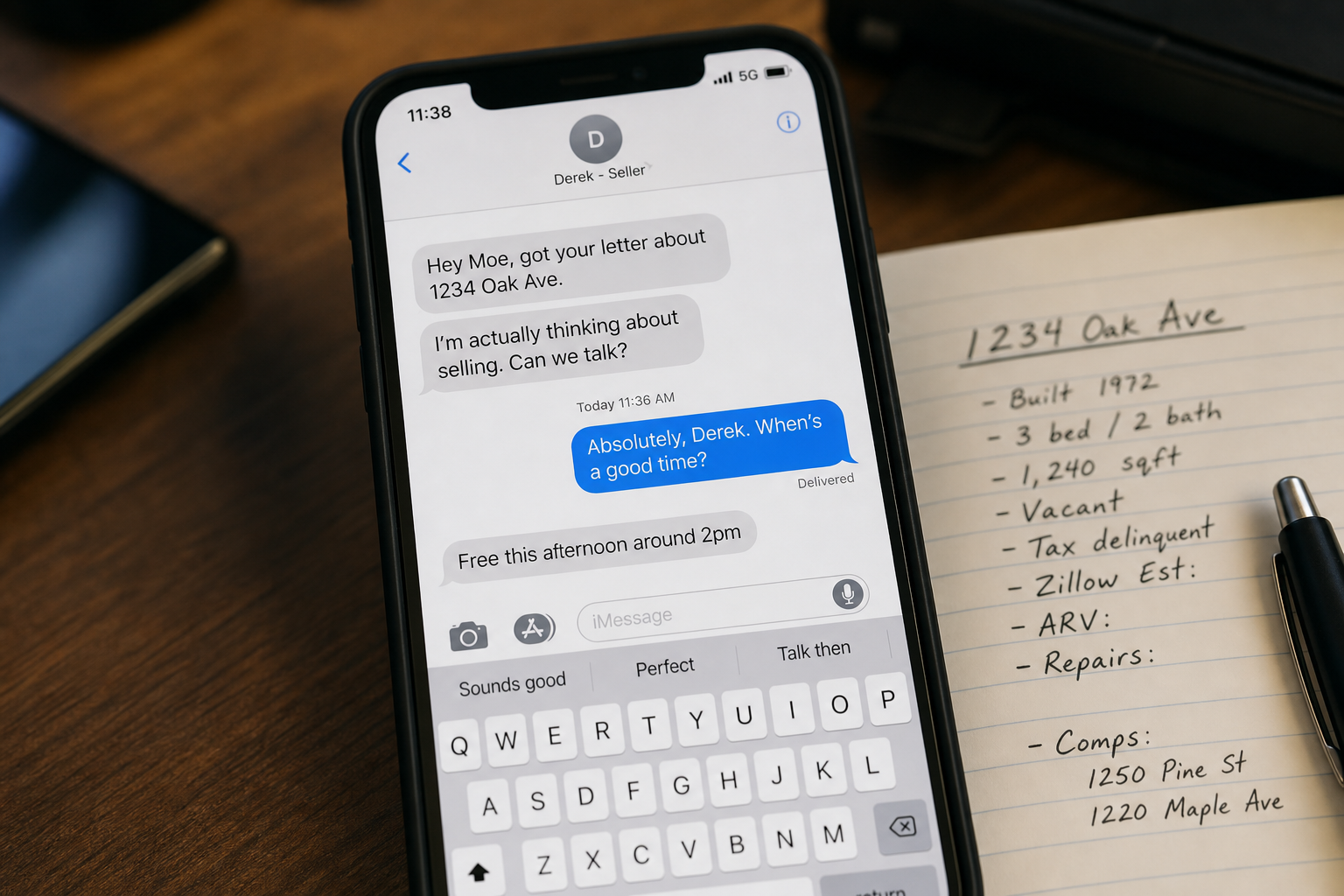 close-up of a smartphone showing a messaging app conversation, subtle real estate context like a notebook with property notes nearby, natural lighting, shallow depth of field