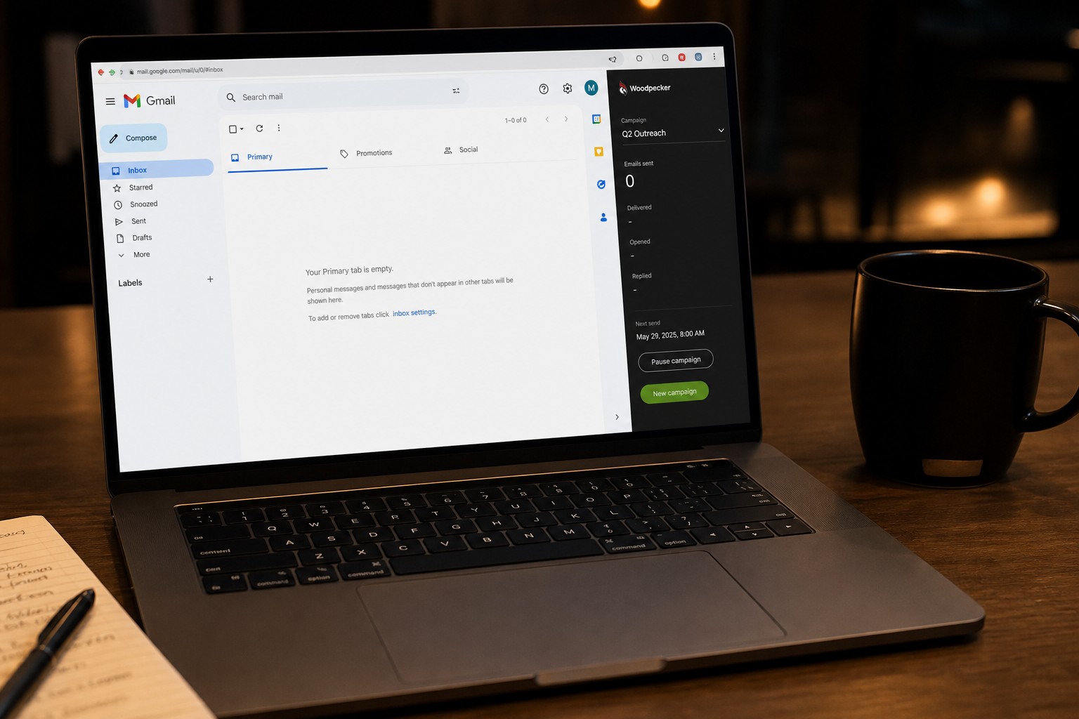 photorealistic laptop screen showing an empty email inbox with outreach tools open, dim office lighting, reflective mood, coffee cup beside keyboard
