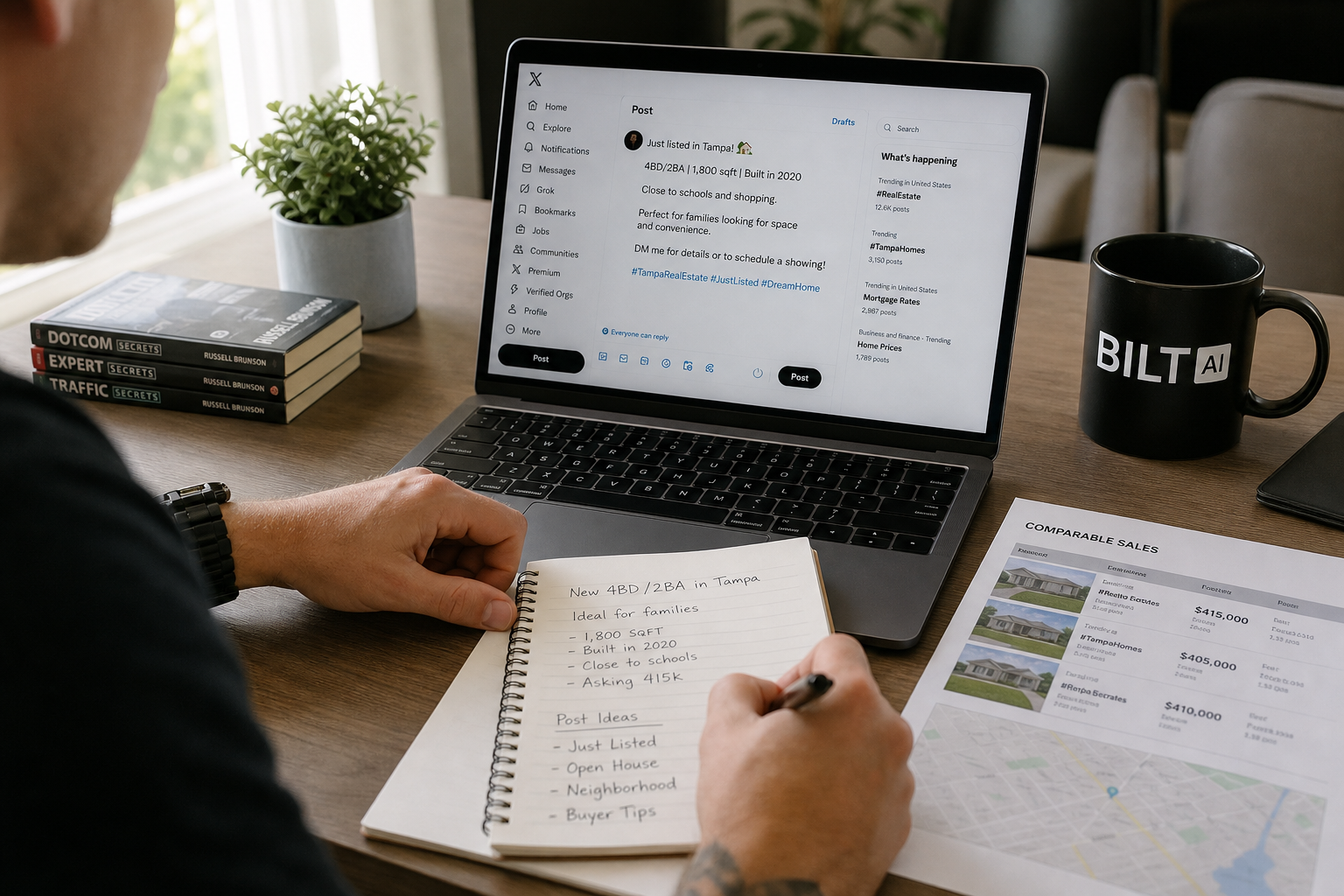 photorealistic scene of a person drafting a social media post about a property deal with handwritten notes and a comps sheet beside a laptop, soft morning light