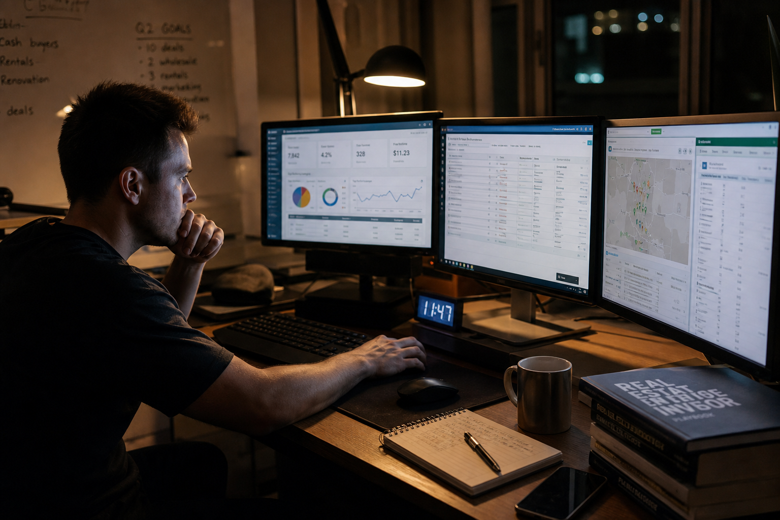 photorealistic scene of a person working late at a desk with multiple monitors showing email analytics and property data, low light, focused mood, realistic environment