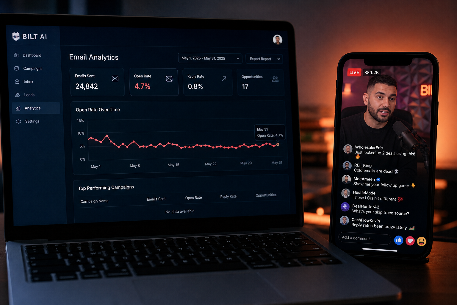 close up of a laptop showing email analytics dashboard with low open rates next to a smartphone displaying an active live stream with rapid comments, contrast lighting
