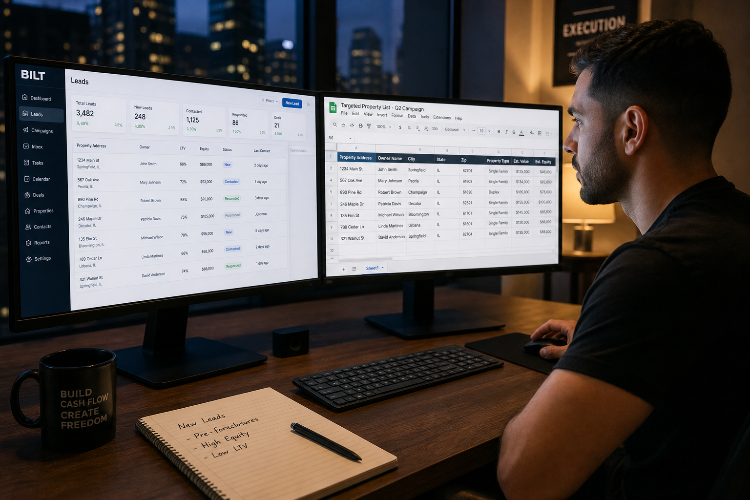 photorealistic scene of a real estate investor reviewing a targeted property list on dual monitors, CRM interface visible, spreadsheets with addresses, evening office lighting