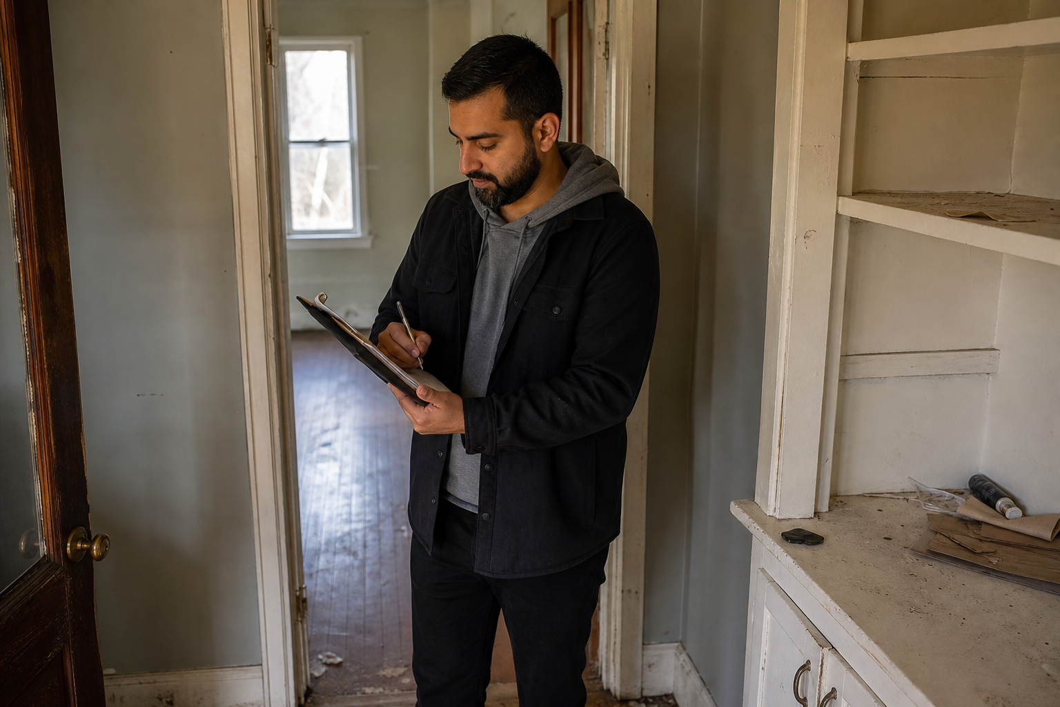photorealistic scene of a real estate investor walking through a modest rental property, taking notes, natural daylight coming through windows, slightly worn interior, candid moment