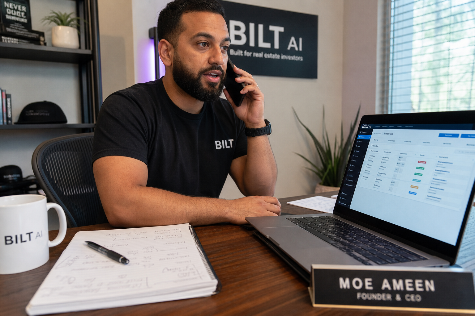 real estate investor on a phone call at a desk with notes, speaking calmly, laptop open with CRM visible, natural indoor lighting, photorealistic