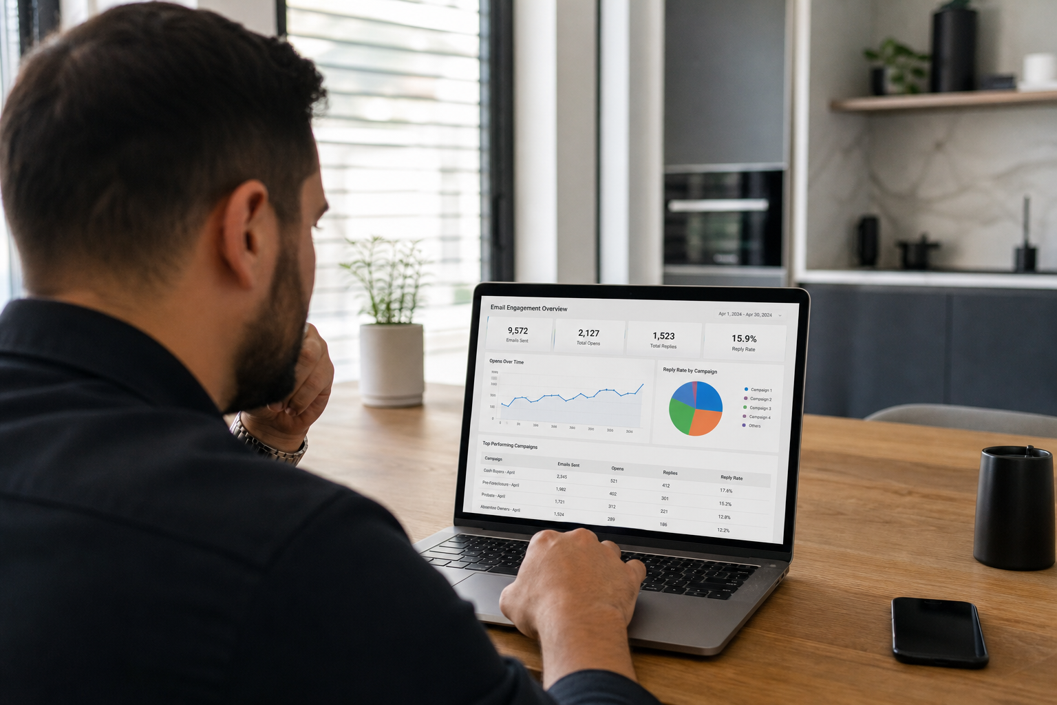 photorealistic scene of a real estate agent reviewing engagement analytics on a laptop, charts visible on screen, modern workspace, soft daylight from window