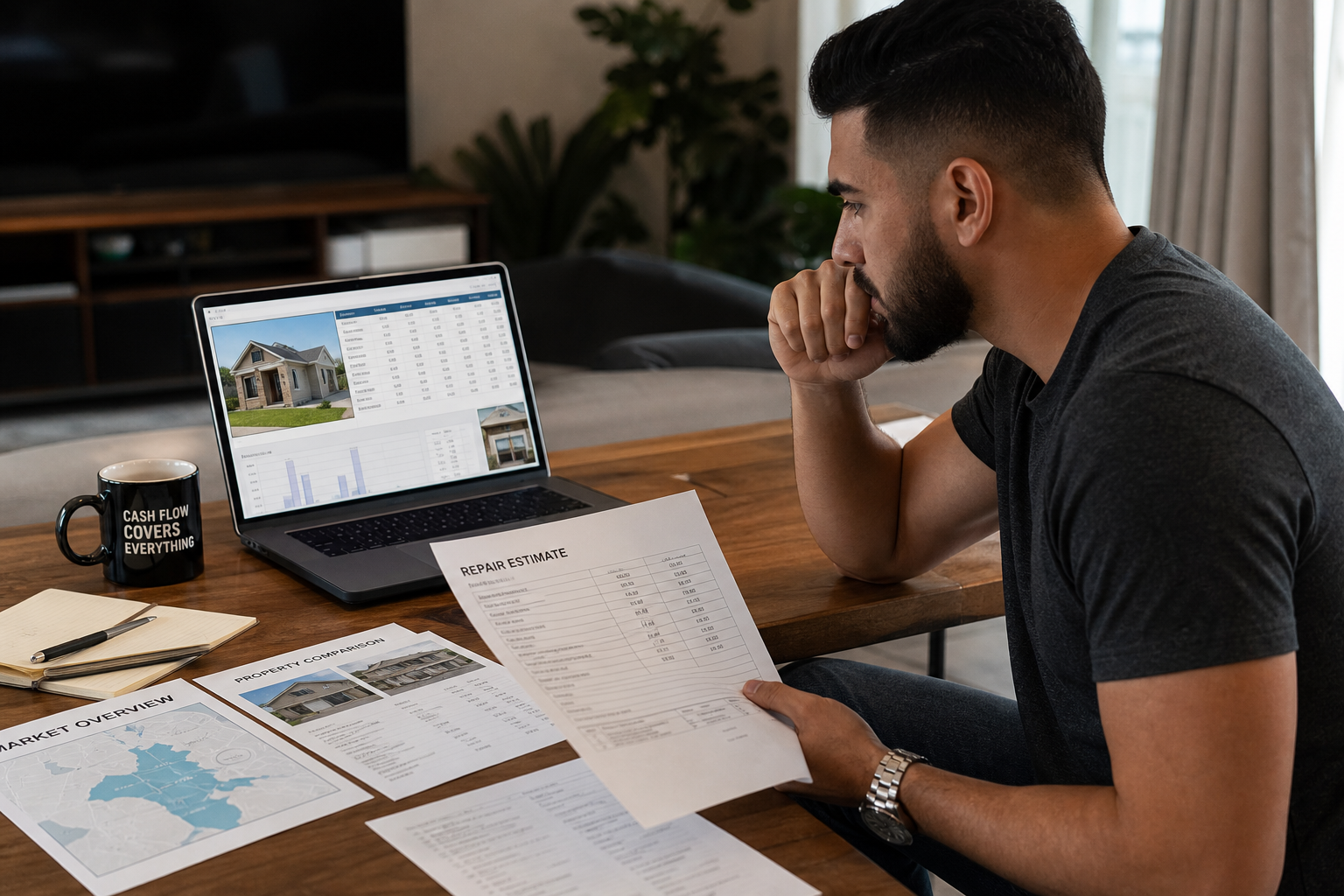photorealistic scene of a real estate investor reviewing property comps and repair estimates on a laptop with printed documents spread out, focused work environment