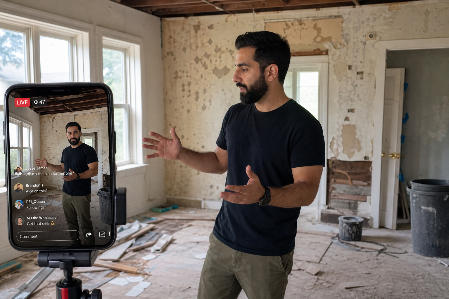 real estate investor walking through a slightly distressed house while streaming on a smartphone, tripod setup, daylight through windows, authentic scene