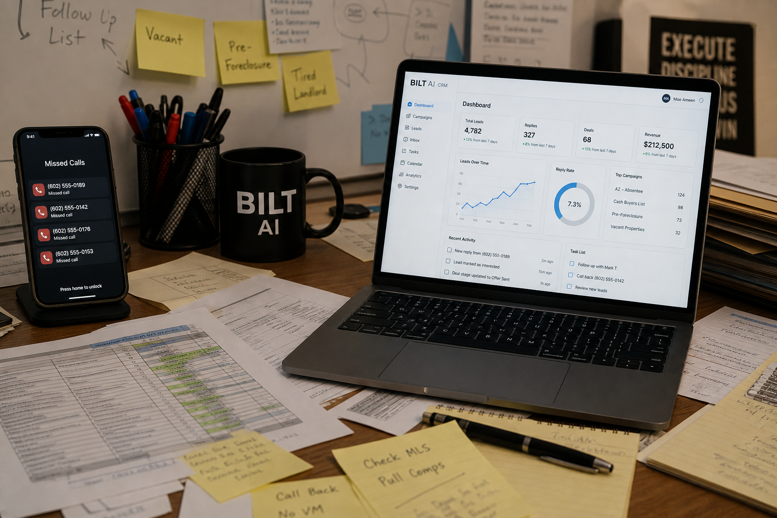 photorealistic scene of a cluttered desk with spreadsheets, sticky notes, and missed call notifications, contrasted with a clean CRM dashboard on a laptop screen