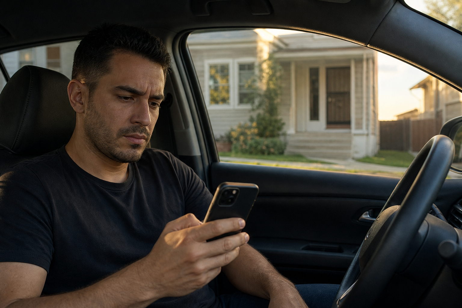 photorealistic scene of a real estate investor sitting in a parked car outside a property, looking at phone with a hesitant expression, late afternoon light
