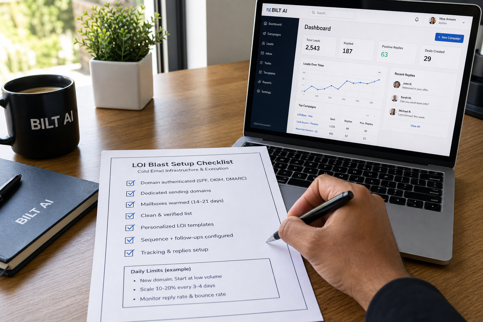 photorealistic scene of a clean desk with a printed checklist, pen marking items, laptop beside it showing CRM interface, natural daylight