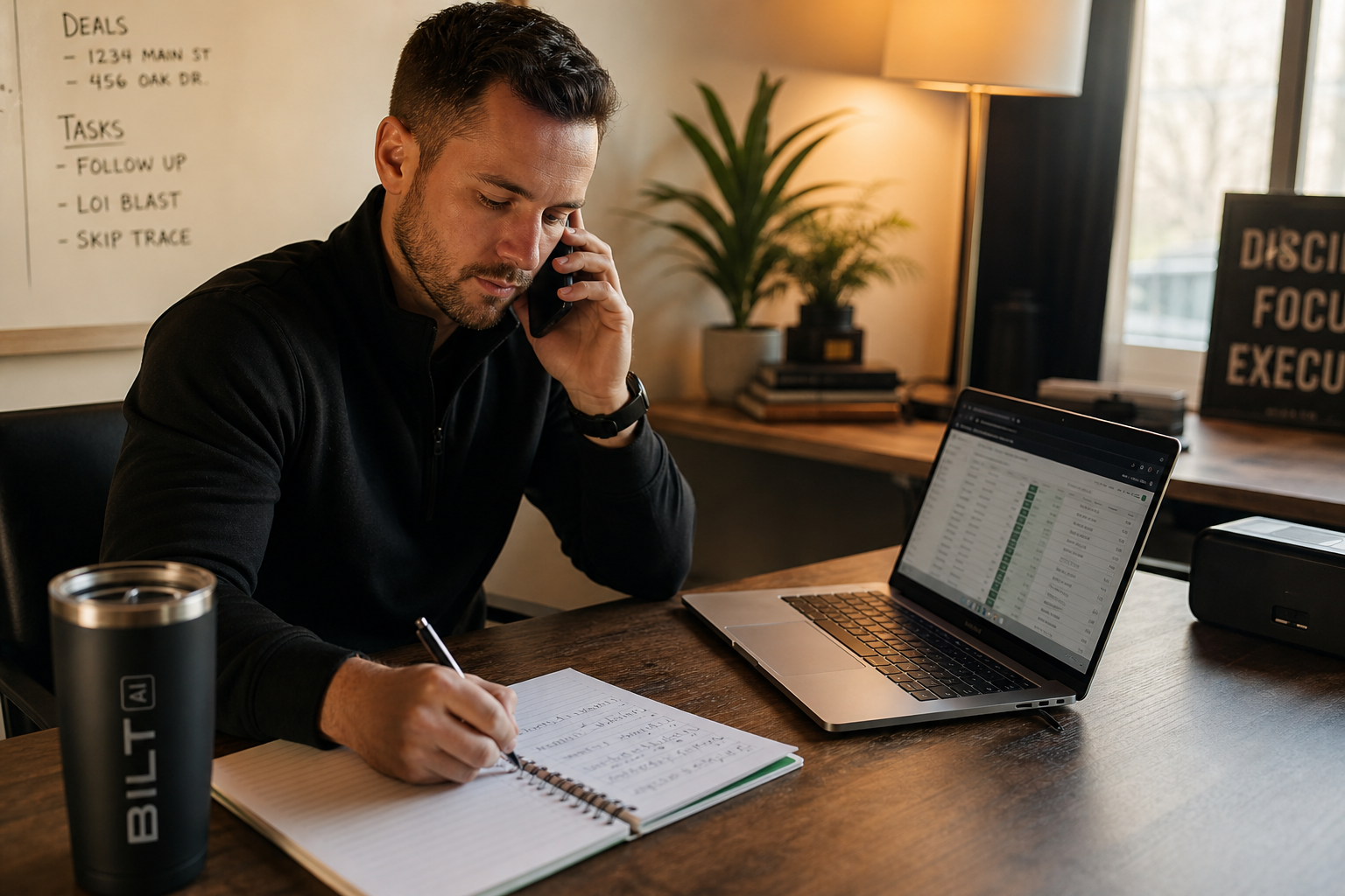 photorealistic scene of a real estate investor jotting notes on a notepad right after a phone call, laptop open, natural desk setup, warm lighting
