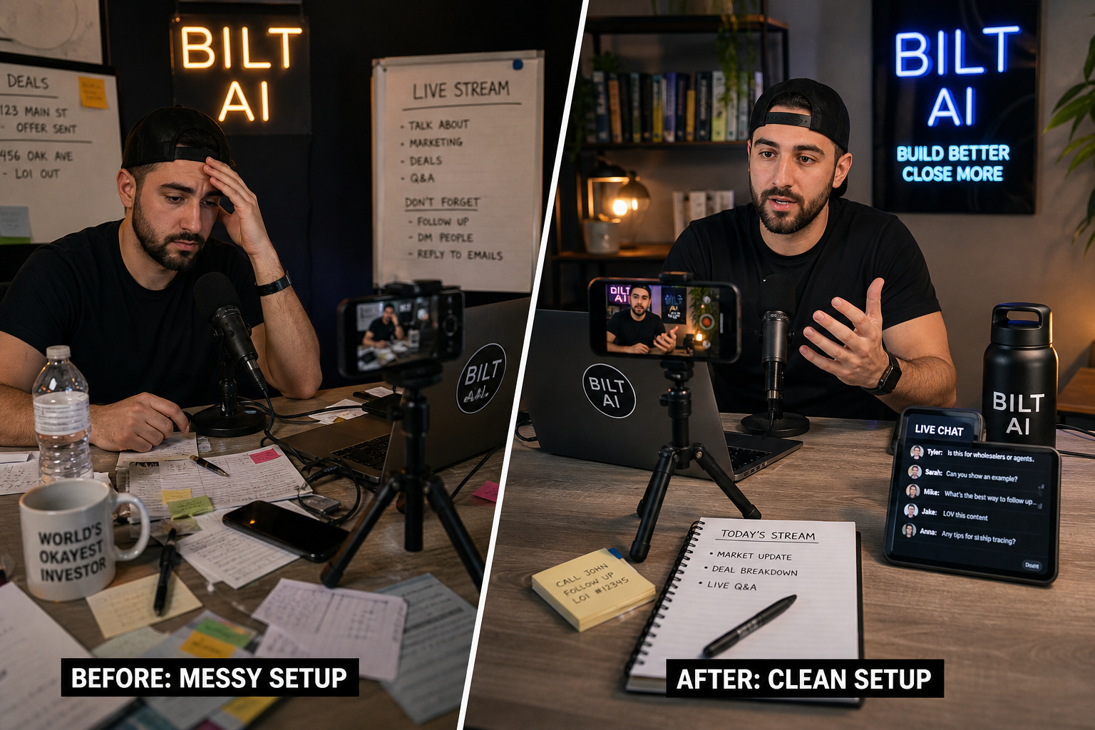 split scene of a messy live stream setup versus a clean organized setup with notes, phone tripod, and second device for chat, realistic lighting