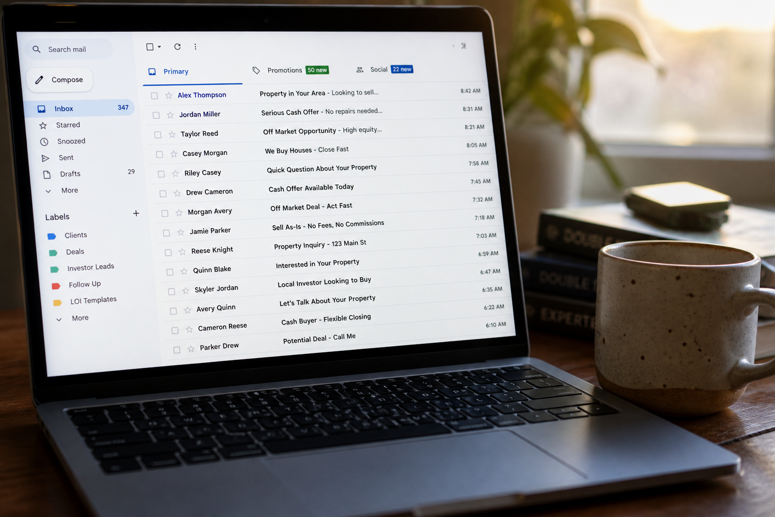 close up of laptop screen showing email inbox with multiple unread messages, coffee cup beside keyboard, early morning light, realistic workspace