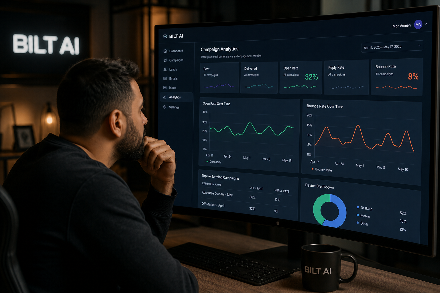 person analyzing email analytics dashboard on a large monitor, graphs showing open rates and bounce rates, dim office lighting, focused atmosphere