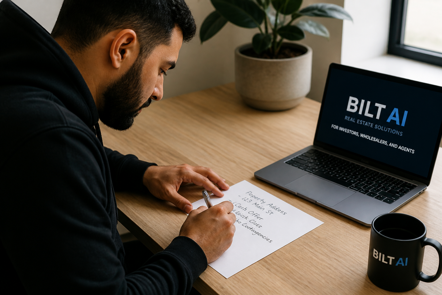 real estate investor writing a short property offer note on paper beside a laptop, minimal workspace, soft natural lighting
