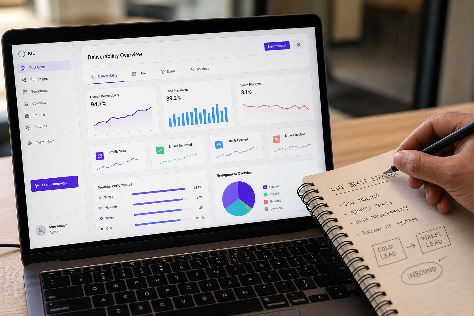 photorealistic close-up of a laptop screen showing email deliverability dashboard with graphs and inbox placement metrics, user taking notes in a notebook beside it